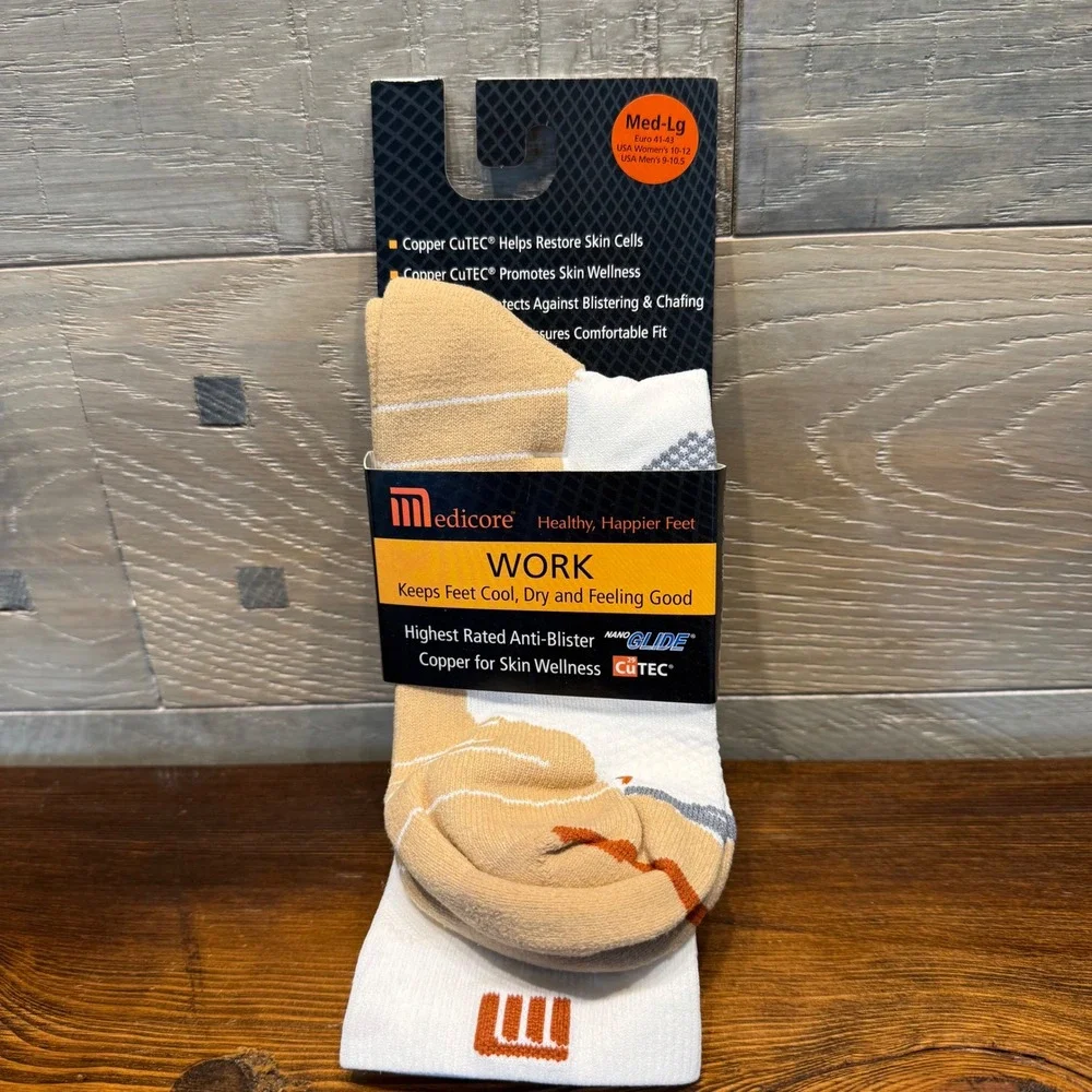 Medicore Work Socks White Med-Lg Copper CuTEC NanoGLIDE Anti-Blister Crew 10R861